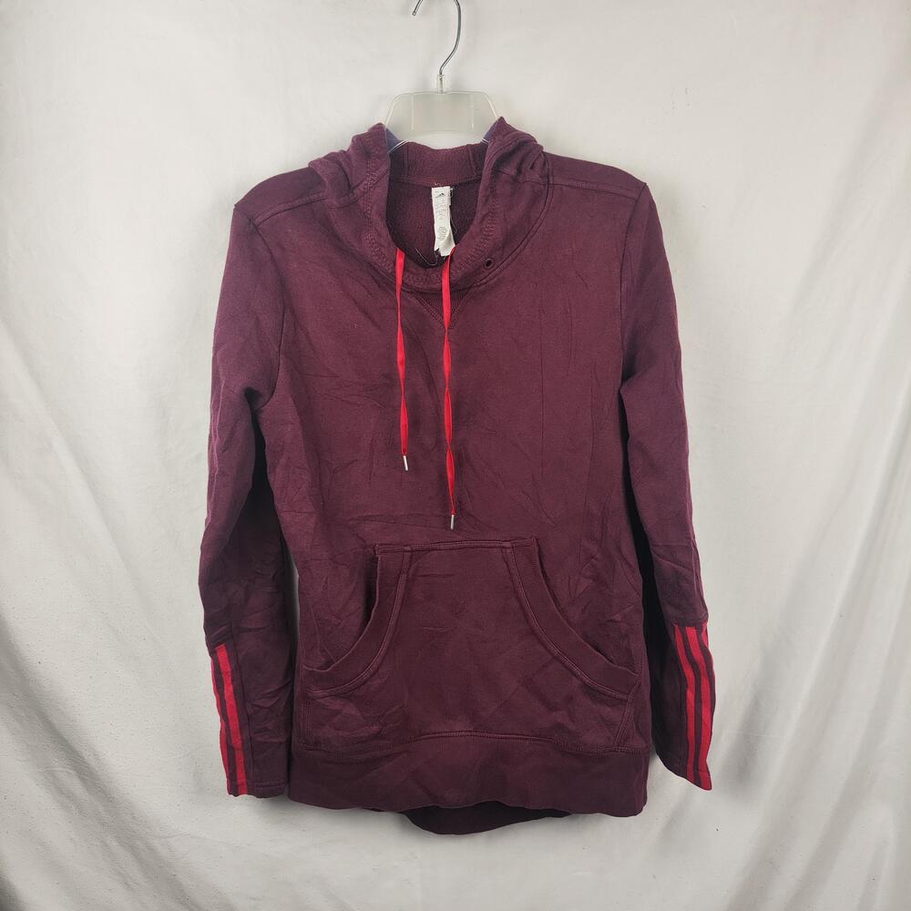 Adidas Hoodie Womens Medium Red Fleece Pullover 3 Stripe Sleeve Kangaroo Pocket